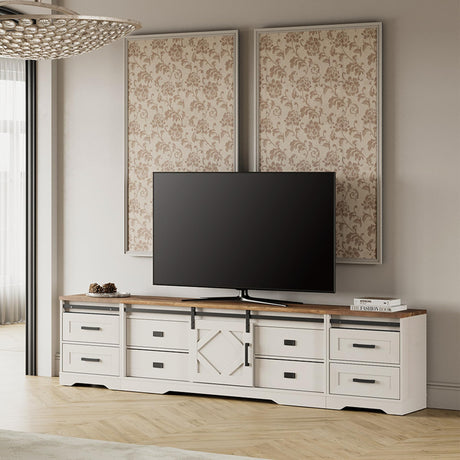 WAMPAT Farmhouse TV Stand with Charging Station and USB Ports for TVs up to 110" TVs,3 in 1 Wood Entertainment Center with 10 Drawers and Adjustable Shelves for Living Room,Antique White WAMPAT
