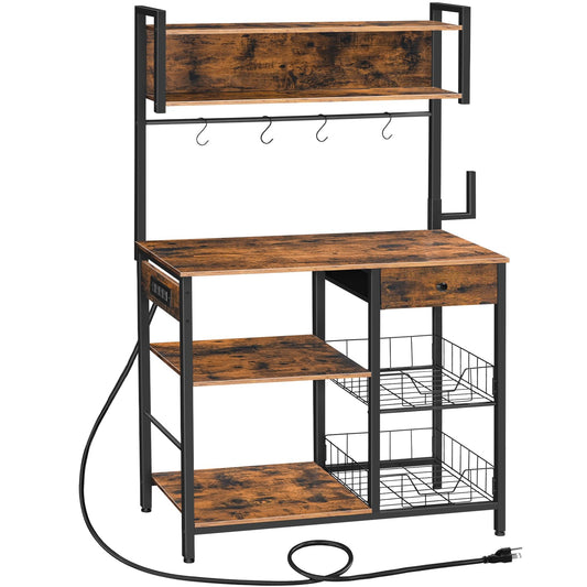 HOOBRO Bakers Rack with 4 AC Power Outlets, 5-Tier Coffee Bar with Wire Basket, Microwave Stand with Paper Holder and Drawer, Kitchen Storage Shelf, Rustic Brown and Black BF84UHB01