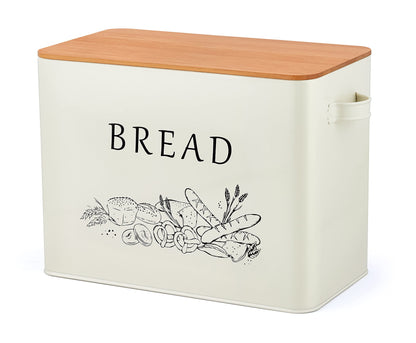 TeamFar Bread Box with Wooden Lid, 13.1” x 7.2” x 9.7” Bread Container Storage Holder for Family Farmhouse Kitchen Countertop, Powder-Coated & Healthy, Large Capacity & Classic Pattern (Off W - WoodArtSupply