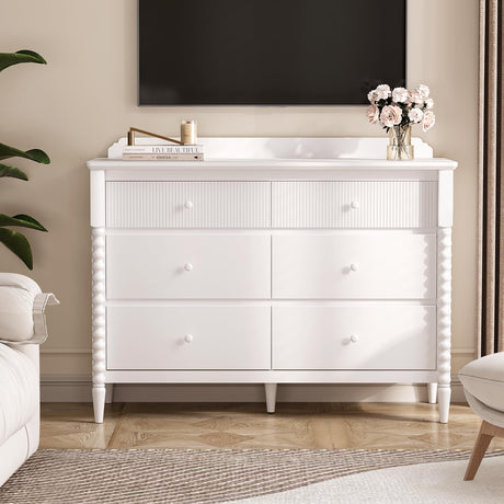 JOINICE 6 Drawer Dresser, Kids Dresser with Storage, Wide Chest of Drawers for Nursery, Wood Large Drawer Organizer Cabinet for Bedroom, Living Room, White JOINICE