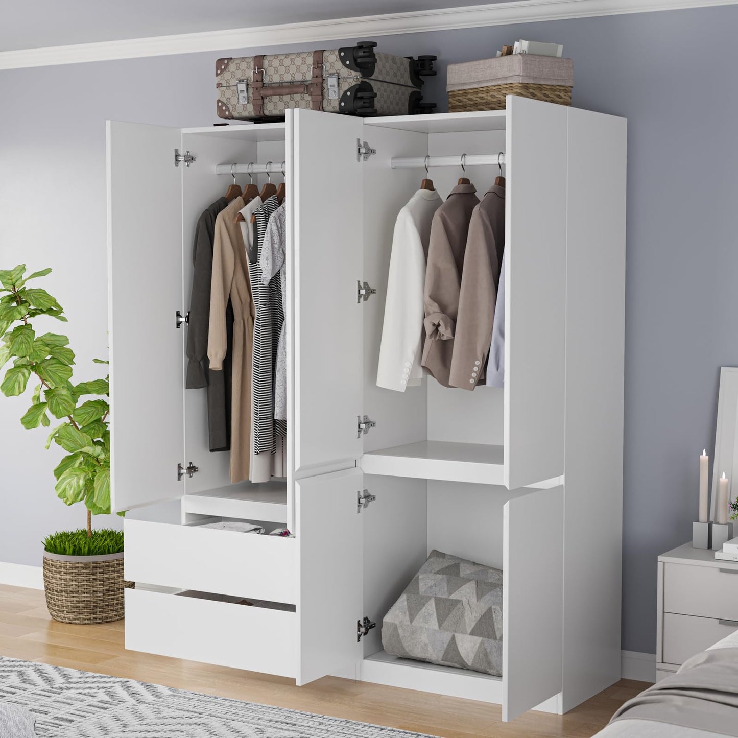 Bobve Bedroom Armoire Wardrobe Closet, Wardrobe Closet Cabinet with 2 Drawers, Wood Wardrobe Closet with 4 Doors, Wardrobe Storage Cabinet with Shelves & Hanging Rod,White(63" L x 20.39" W x  - WoodArtSupply