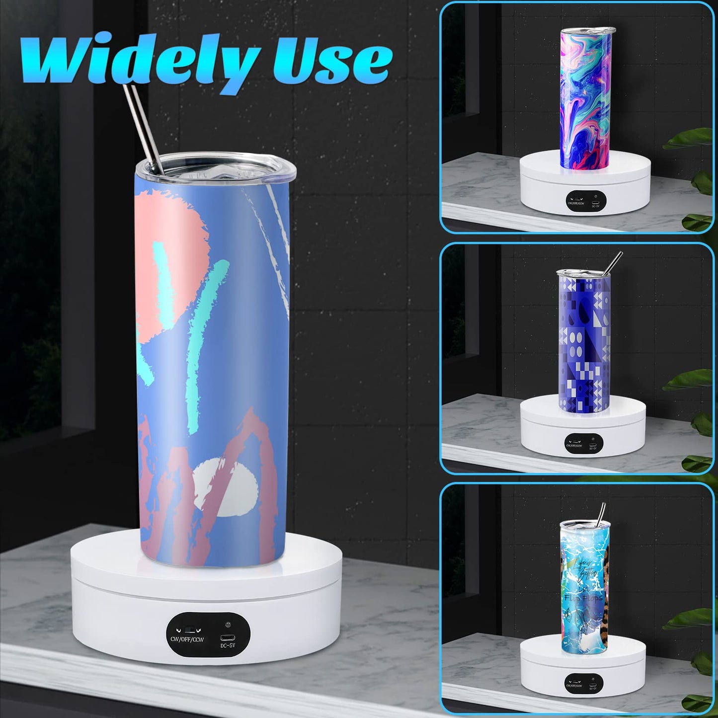 USLINSKY Exhibition Stand for Sublimation Tumbler, 360° Automatic Mute Rotating Revolving Platform 12oz, 20oz&50oz Heat Press Blanks Tumblers Skinny Straight, Cup(White), White-01 (ZT-001)