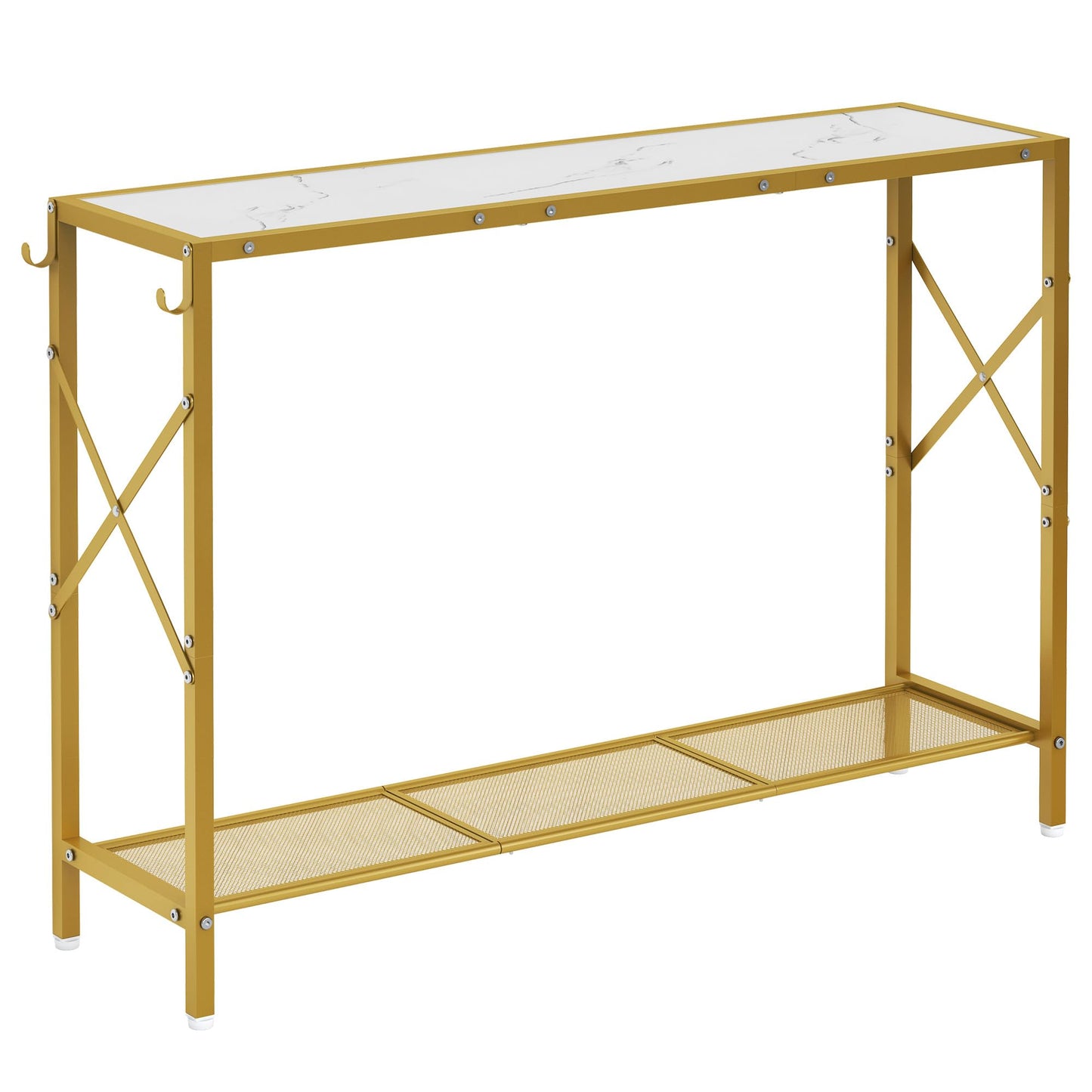 Gewudraw Gold Console Table, 2 Tier Narrow Entryway Table with Shelves and Hooks, Couch Table Behind Sofa, Entrance Table with Golden Frame for Entryway, Hallway, Foyer - WoodArtSupply