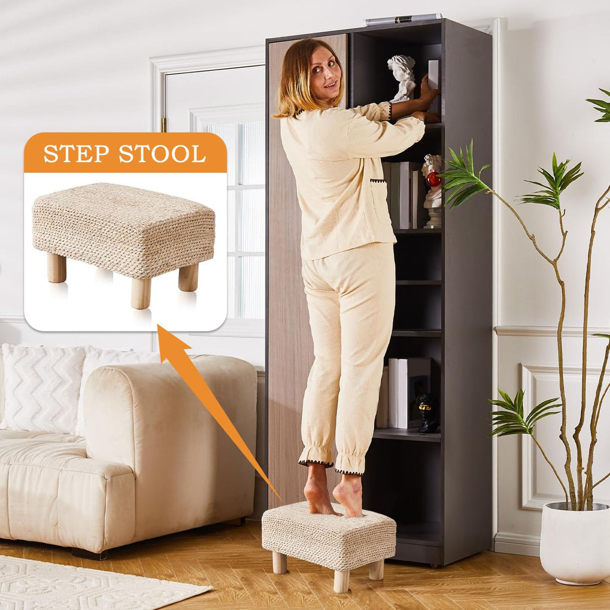 Wimarsbon Natural Seagrass Footstool Ottoman Rectangular Footrest Pouf Ottomans with Wooden Legs Hand Weave Step Stool for Living Room Bedroom Entryway Natural White Wimarsbon