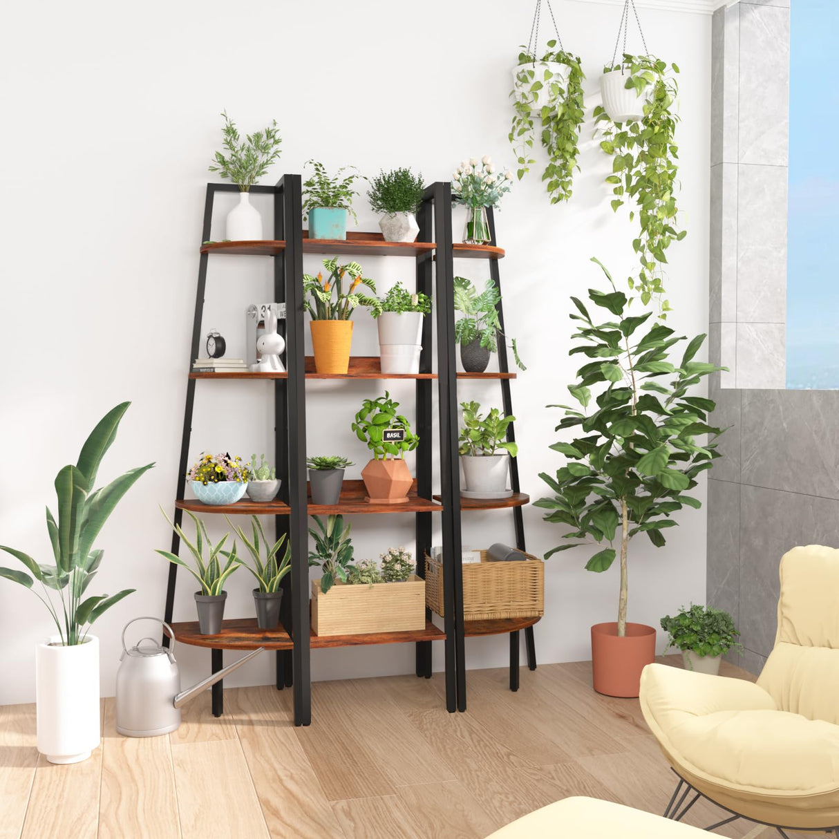 Yoobure Ladder Shelf, 4 Tier Tall Ladder Bookshelf Corner Shelf, Industrial Book Shelf Ladder Bookcase Narrow, Standing Storage Shelves Display Shelf for Bedroom Living Room Office Kitchen Bathroom Yoobure