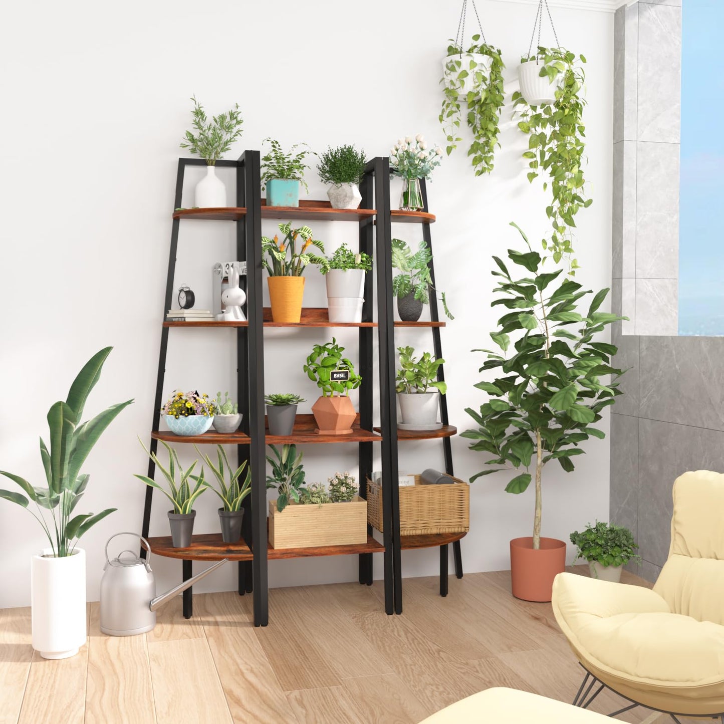 Yoobure Ladder Shelf, 4 Tier Tall Ladder Bookshelf Corner Shelf, Industrial Book Shelf Ladder Bookcase Narrow, Standing Storage Shelves Display Shelf for Bedroom Living Room Office Kitchen Bathroom