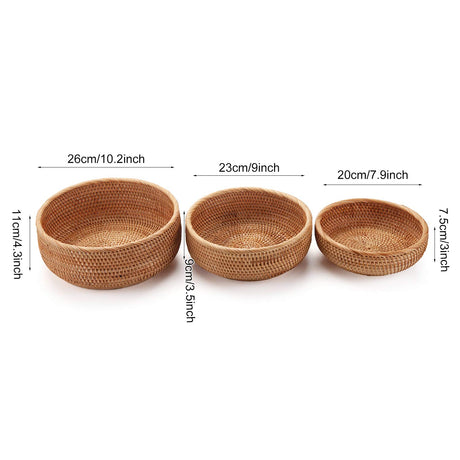 Round Rattan Fruit Baskets Woven Storage Bowls Key Holder Stackable for Shelf Kitchen Tabletop Natural Set of 3 DECRAFTS