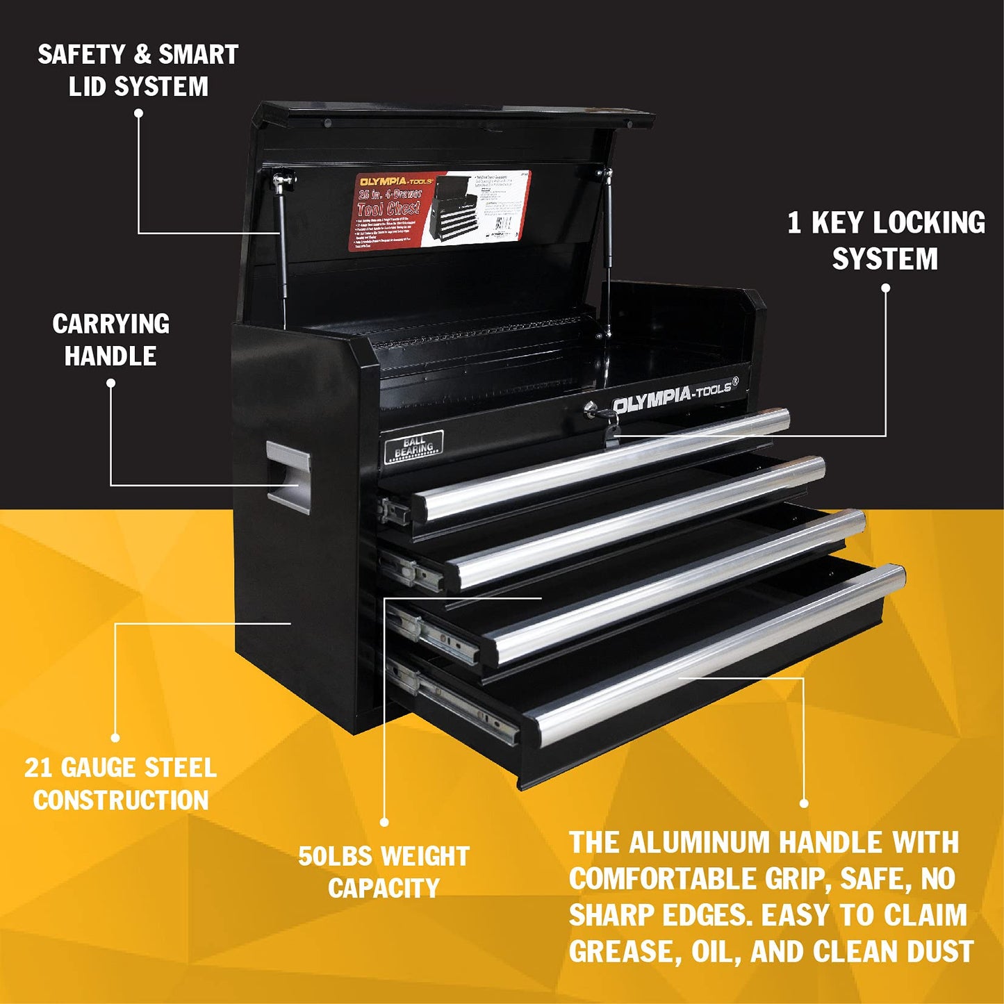 Olympia Tools Portable Metal Tool Chest Box with Drawers - 26" Tool Chest Cabinet Ball Bearing Slide Drawers Locking Storage Garage Toolbox Organizer - WoodArtSupply