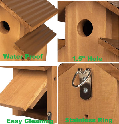 Cedar Comfy Mansion Bluebird House for Outside,2 Layers Metal Roof Water Proof, Outdoor Lifetime Durability Solid Cedar Wood Bird House for Pole, Secure Latch, Updated 1.5" Hole Size