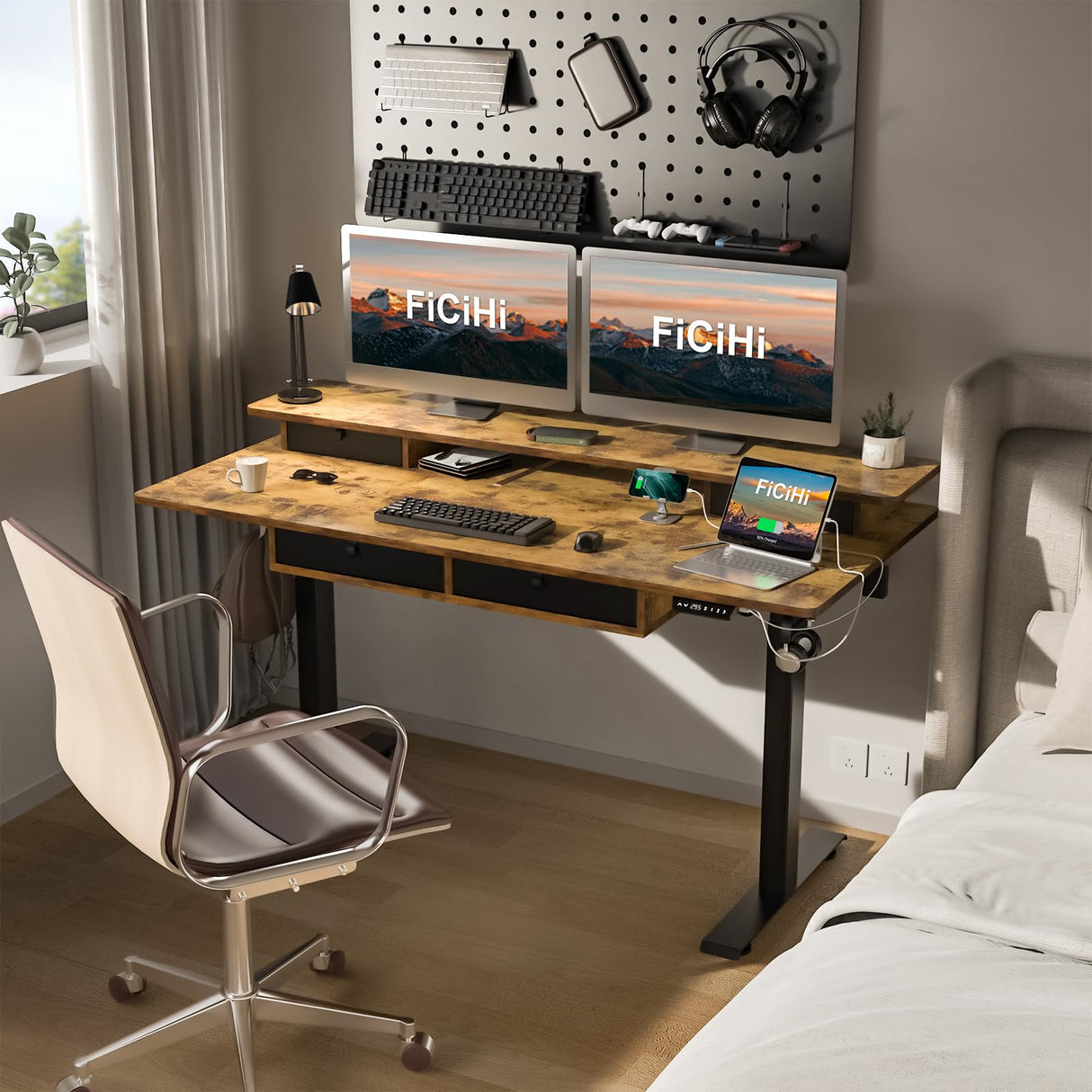 FICIHI Electric Standing Desk USB A/C Charging Port, Electric Height Adjustable Desk,63 x 30 inches Desk with 4 Drawers,Larger Table Legs,Ergonomic Workstation Suitable for Home Gaming Office FICIHI