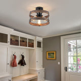 3-Light Rustic Farmhouse Wood Flush Mount Ceiling Light Fixture Oak Wood Round Drum Semi Flush Mount Ceiling Light for Hallway Hall Entry Bedroom Farmhouse Indoor, Black RKUCSR