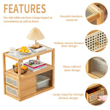 Tiita Rattan Nightstand Side Table, Bamboo Accent Bedside Tables, Glass Coffee Tables, Boho Wooden End Table with Storage for Small Space, Living Room and Bedroom Tiita