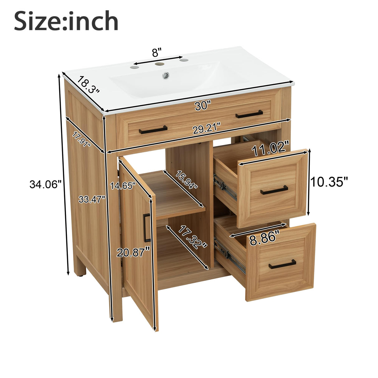 Mirightone 30" Wood Vanity with Sink, Bathroom Vanities 30 Inch with Sink, Single Sink Bathroom Vanity, 30 in Restroom Sink Vanity with 1 Soft Close Doors, 2 Soft Close Drawers, Adjustable Shelf Mirightone