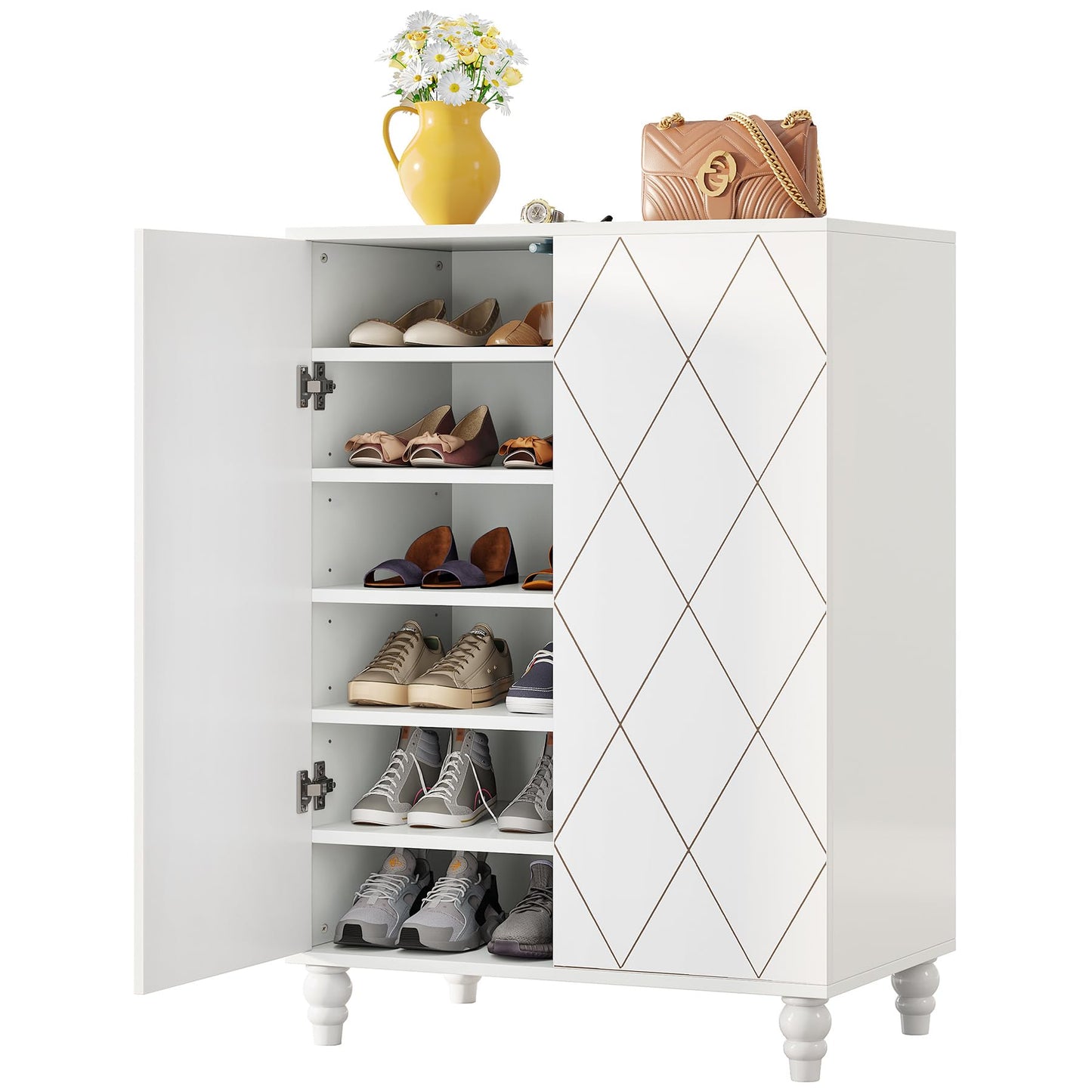 Tribesigns Shoes Organizer Cabinet with Adjustable Shelves and Solid Wood Legs, Shoe Storage Cabinet with Door, 7-Tier Wooden Shoes Rack Cabinets for Entryway (White) - WoodArtSupply