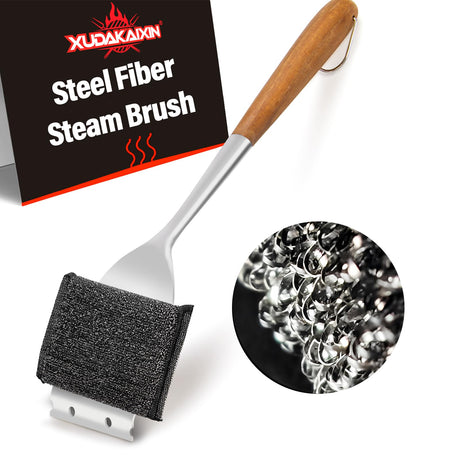 XUDAKAIXIN 18” Extra Strong Steel Fibers Steam Grill Brush-Bristle Free,Water-Activated Design Perfect for Any Grill - with Strong Stainless Steel Wooden Handle,Safe Grill Brush for Outdoor Grill XUDAKAIXIN