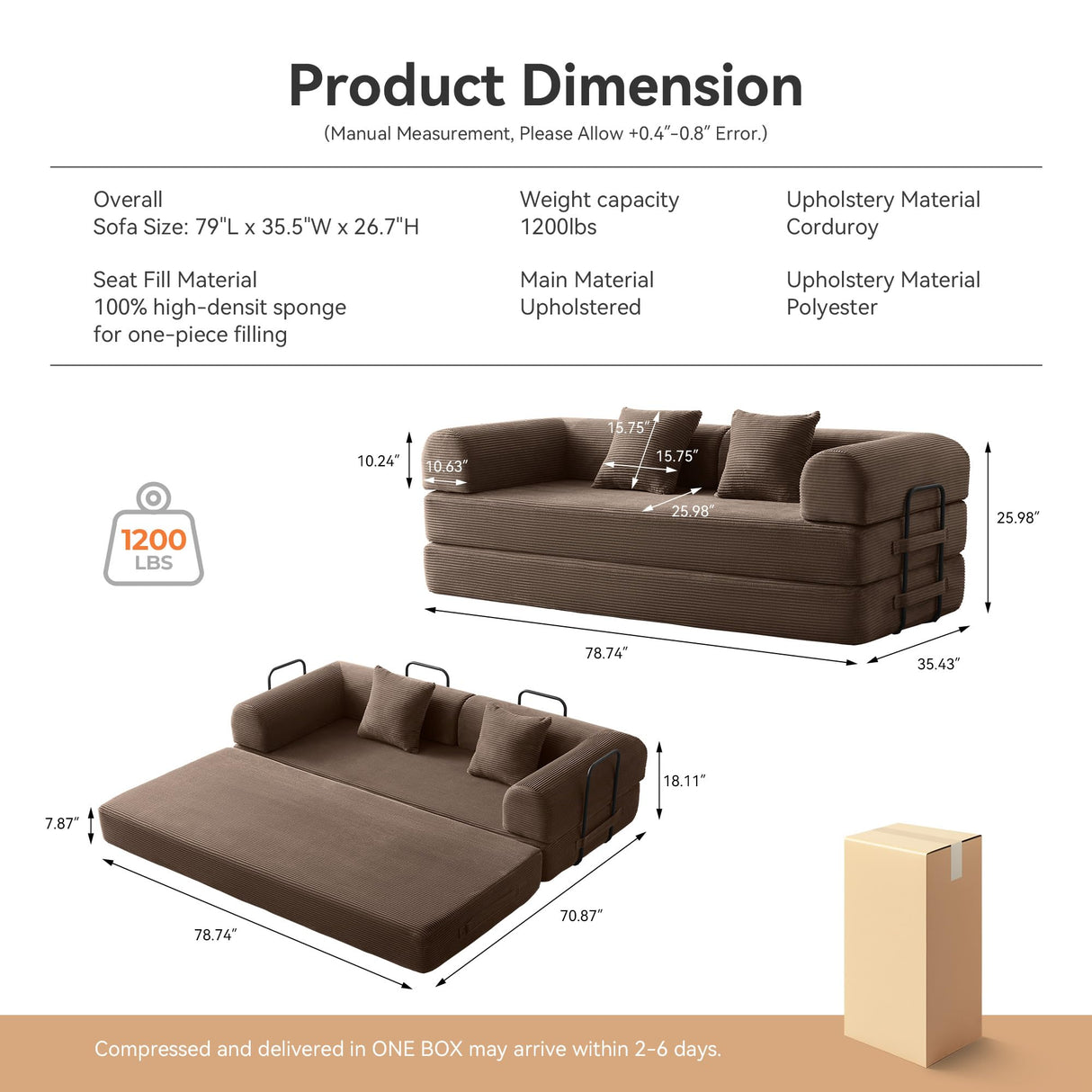 Convertible Modular Sleeper Sofa Bed, Mid Century Modern Decor Love Seat Memory Foam Couches, Sleeper Sofa Bed for Living Room, Solid & Easy to Install Cloud Couch (Brown) QQR
