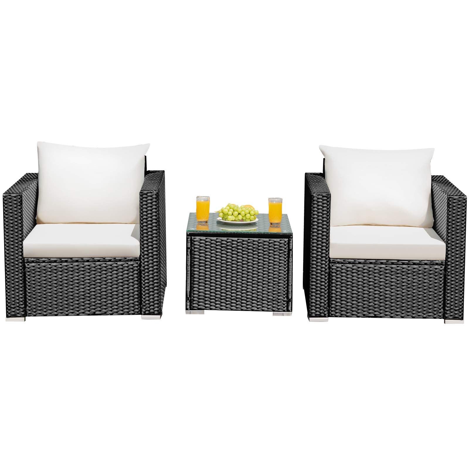 Tangkula 3 Pieces Patio Furniture Set, PE Rattan Wicker Sofa Set w/Washable Cushion and Tempered Glass Tabletop, Outdoor Conversation Furniture for Garden Poolside - WoodArtSupply