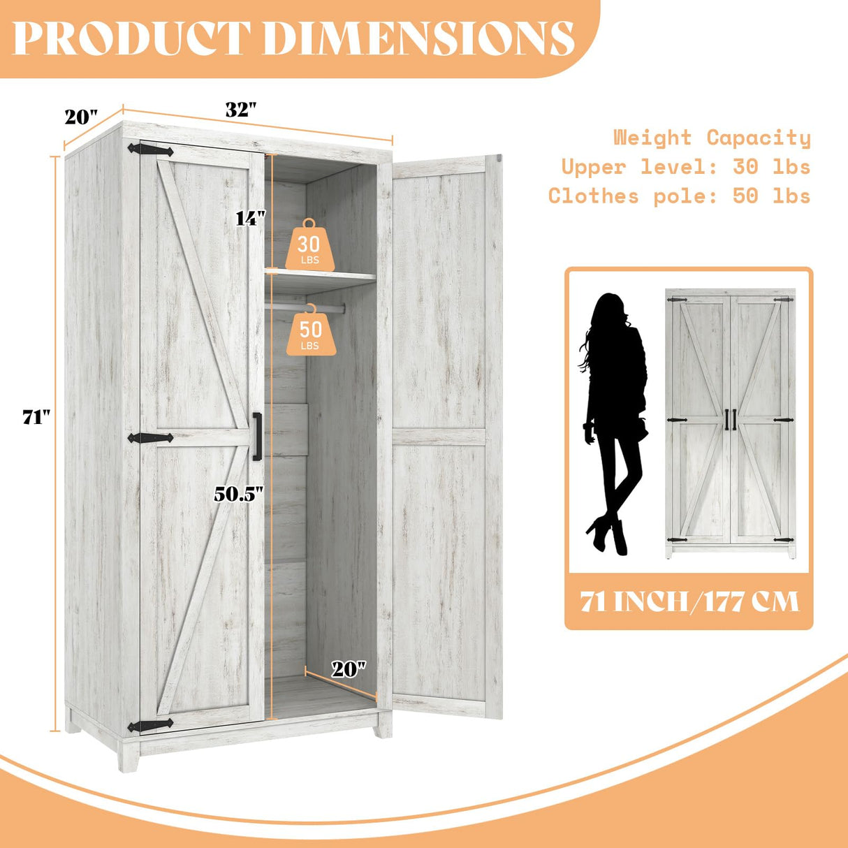 AMERLIFE Set of 2 Farmhouse Armoire Wardrobe Closet with 2 Barn Doors, 71'' Storage Cabinet with Shelf & Hanging Rod, Versatile Clothing Storage for Bedroom, Distressed White AMERLIFE