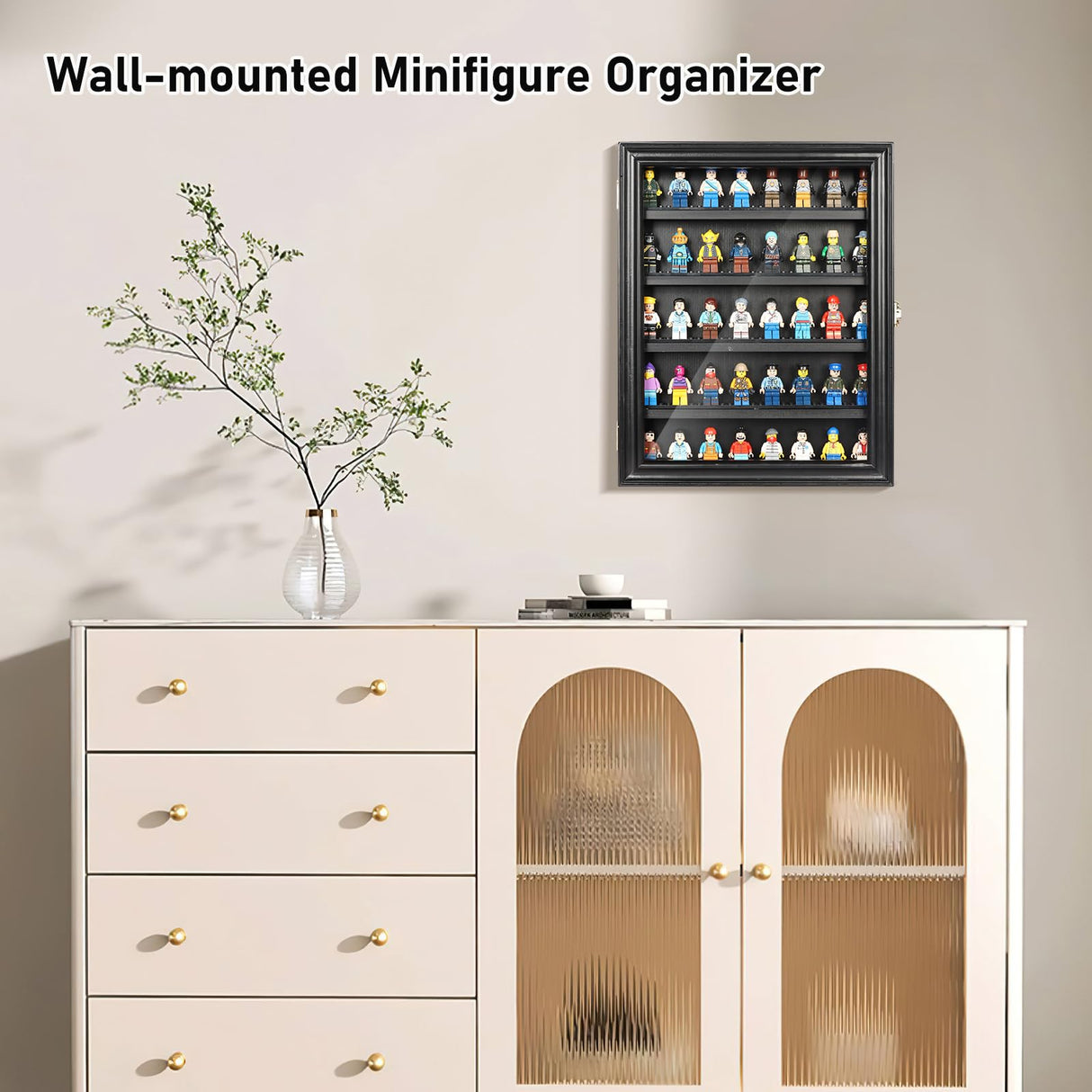 DuvinDD Minifigure Display Case Wall Mount Lego Minifigure Display Case Floating Lego Shelves Wooden Display Cabinet with UV Protect Door, Lockable Dustproof Showcase Thimble Display Case DuvinDD