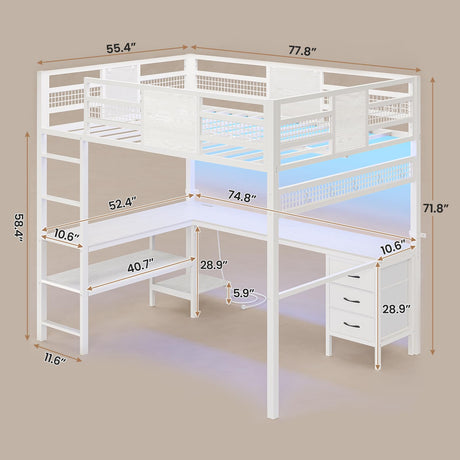 BTHFST Full Size Loft Bed with L-Shaped Desk and 3 Storage Drawers, LED Lights & Charging Station, Open Storage Shlef, Metal Loft Bed Frame with Solid Slats and Guardrail, Space Saving, White BTHFST
