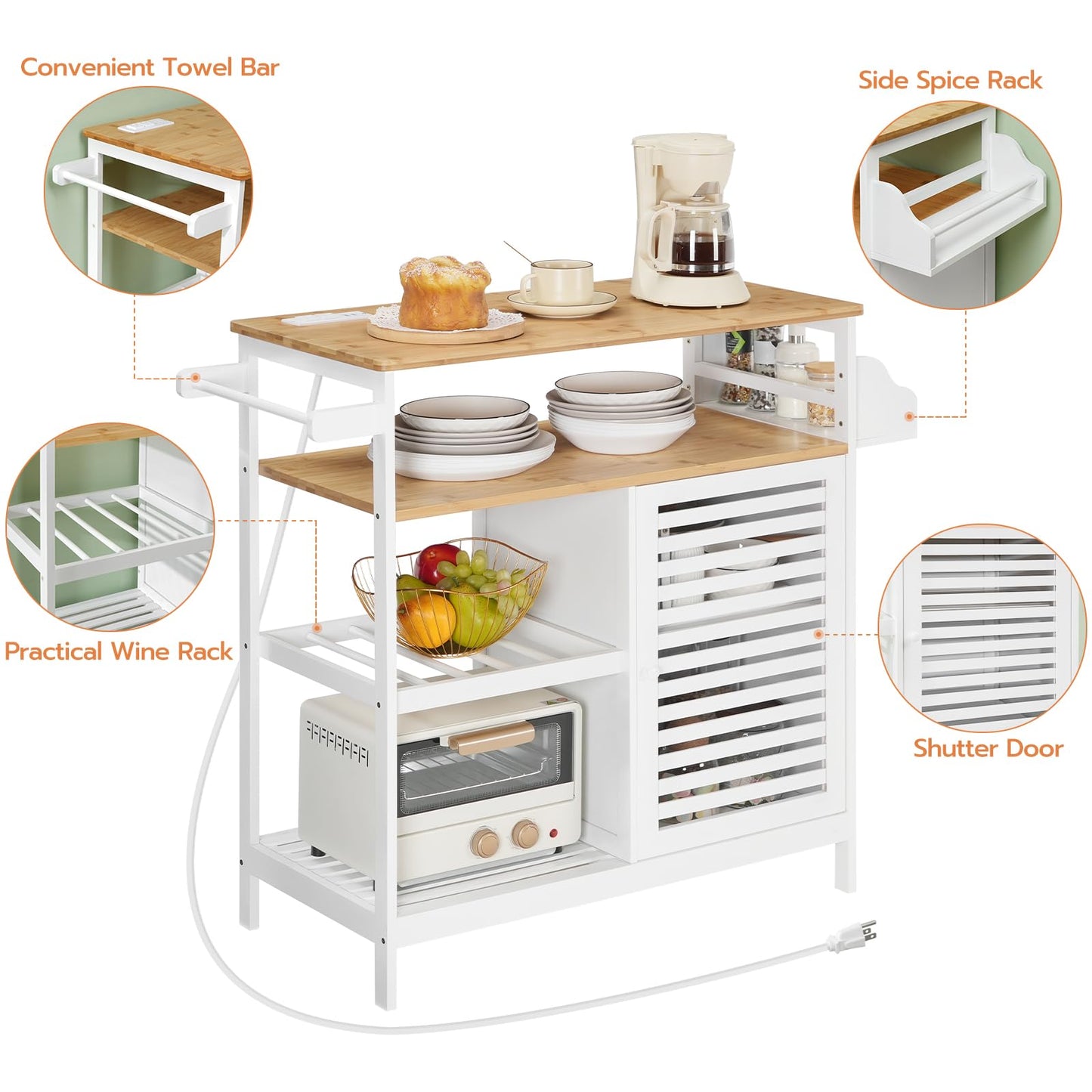 HOOBRO Kitchen Island with Storage, Kitchen Island Table with Power Outlet, 4 Tier Coffee Station and Microwave Stand with Large Worktop, for Home and Dining Room, White and Natural WN68UZD01