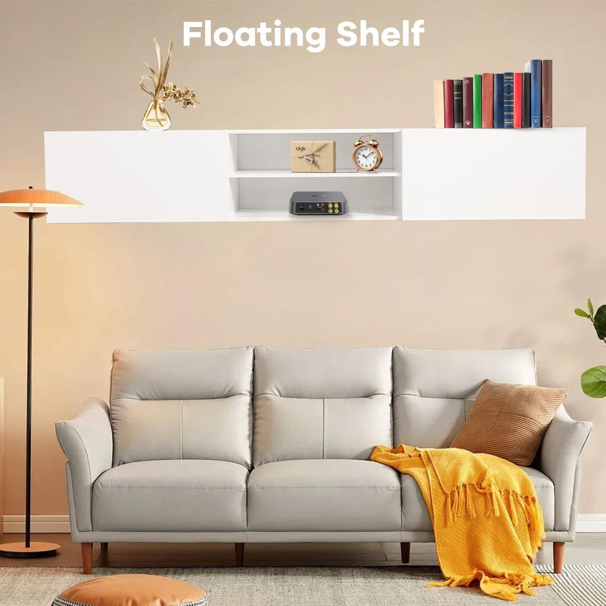 TIMSATIO Floating TV Stand Wall Mounted,70" Floating Entertainment Center for 60" 70" 80",Floating Shelf for Under tv, 3 Cabinet TV Console,Media Console for Living Room (Pure White) TIMSATIO