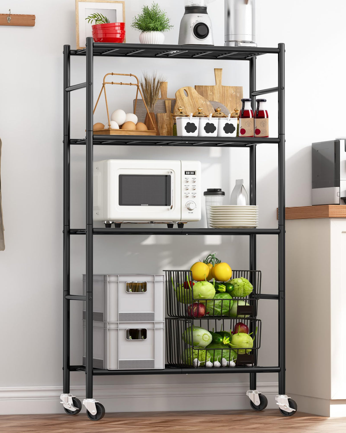 Sakugi Storage Shelves Organizer - 4 Tier Metal Shelf Organizer with Metal Wheels and Adjustable Leveling Feet, Heavy Duty Garage Shelving for Kitchen, Pantry and Closet, 33.1"x12.6"x58.9", Black Sakugi