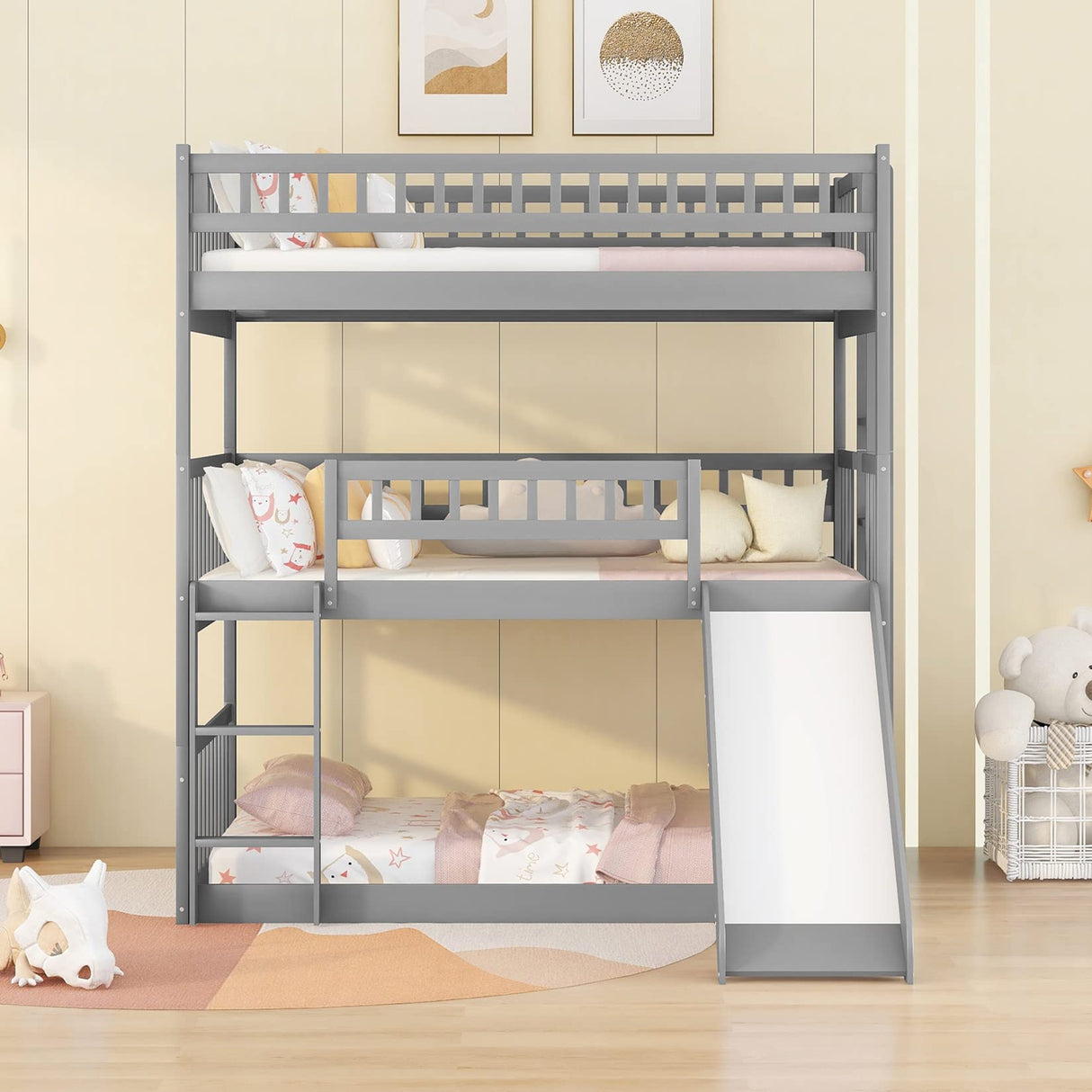 Triple Bunk Bed with Slide, Full Over Full Over Full Bunk Bed Convertible Triple Beds for Kids/Teens/Adults, Gray Bellemave