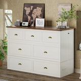 AMERLIFE Full Size Murphy Bed, Farmhouse Wooden Cabinet with Charging Station and Storage Drawer for Bedroom/Office/Guest Room, White+Barnwood AMERLIFE