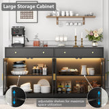 Sideboard Buffet Cabinet with LED Lights, 55.1 Storage Cabinet with 2 Large Drawers & 4 Glass Doors, Modern Kitchen Display Cabinet with Adjustable Shelves, Coffee Bar for Kitchen Living Room (Black) Gyfimoie