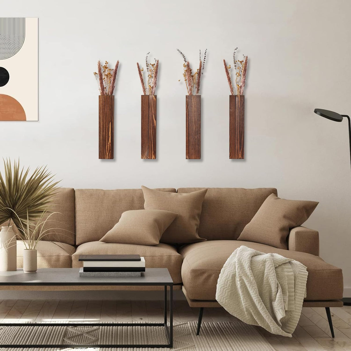 Sawoake Wooden Wall Planter Set of 4 - Modern Home Decor for Living Room, Bedroom, Bathroom - Walnut Finish Planter for Dried Flowers, Faux Greenery, Indoor Plants Sawoake