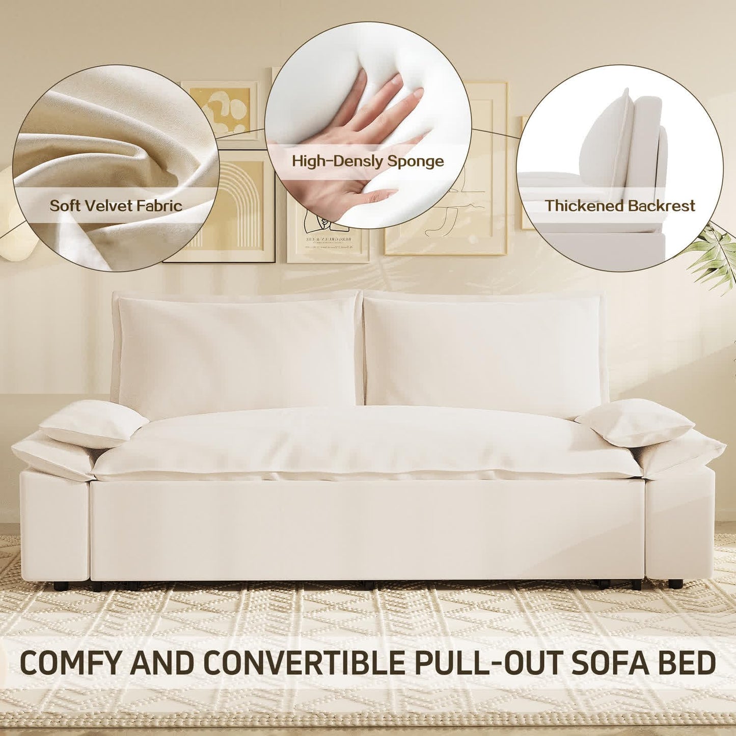 UPYOOE 70.1" Futon Sofa Bed Queen Size, Pull Out Bed, 3-in-1 Convertible Sleeper Sofa with 2 Soft Pillows, Modern Velvet Futon Couch for Living Room, Small Space, Apartment, Bedroom, Beige - WoodArtSupply