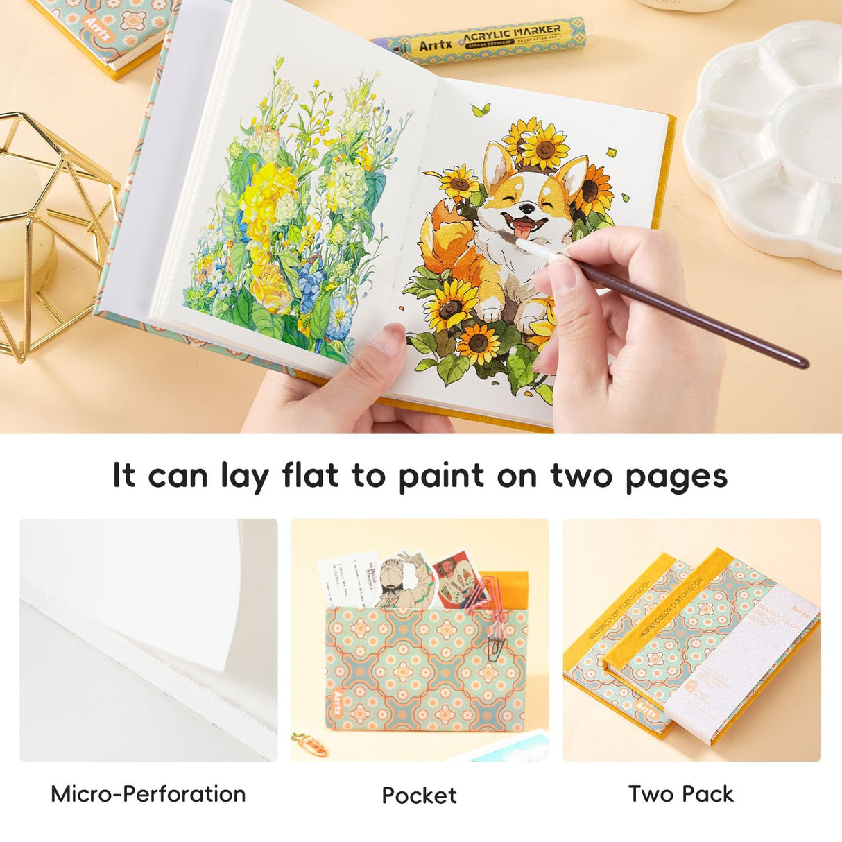 Arrtx Watercolor Sketchbook,100% Cotton Acid-Free 140lb/300gsm Hot Press Hardcover Watercolor Journal Notebook 2 Pack,40 Sheets 5.35 x 3.86 inches Arrtx