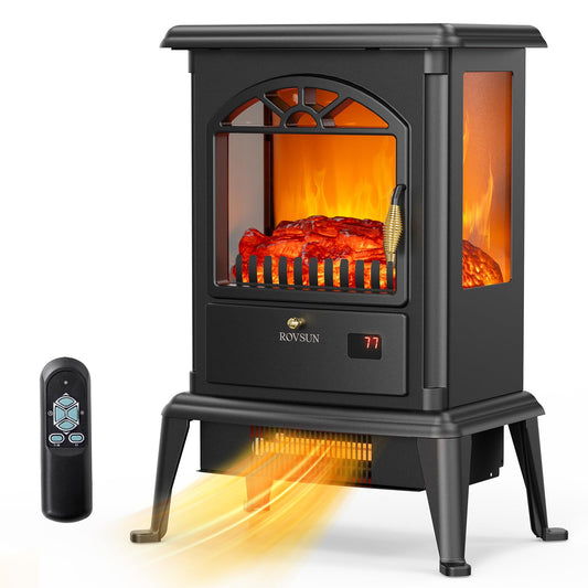 ROVSUN 1500W Electric Fireplace Stove, 22.4" H Freestanding Heater with Remote, Timer, Realistic Flame Effect, Adjustable Temperature, Overheat & Tip-Over Protections for Bedroom Living Room, ETL