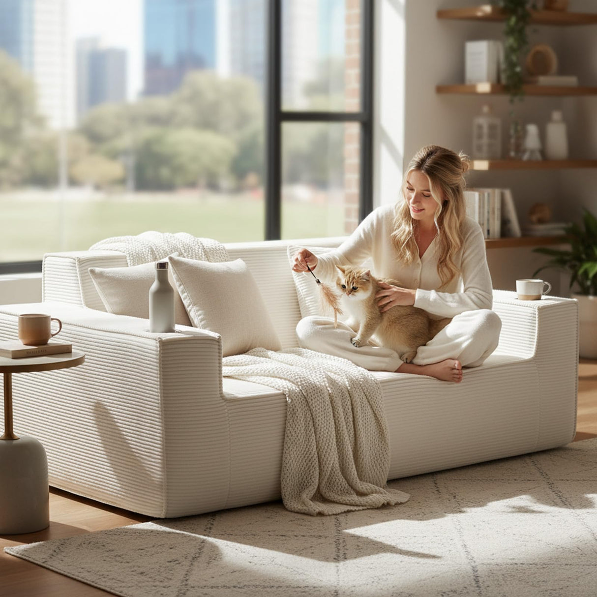 ATOMHOME 75'' Cloud Loveseat Sofa, Boneless Couch with Cup Holder, No Assembly Required Cloud Couch, Comfy Deep Seat Sofas, Corduroy Couches, Boneless Couches for Living Room Bedroom, Apartment, Beige ATOMHOME