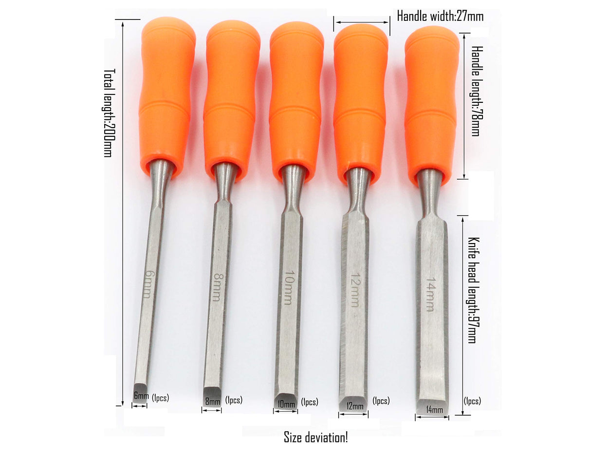 LBY 5 Sizes Wood Chisel Set, 6/8/10/12/14mm(.24''/.31''/.39''/.47'') Woodworking and Carving Chisels Assortment Kit LBY