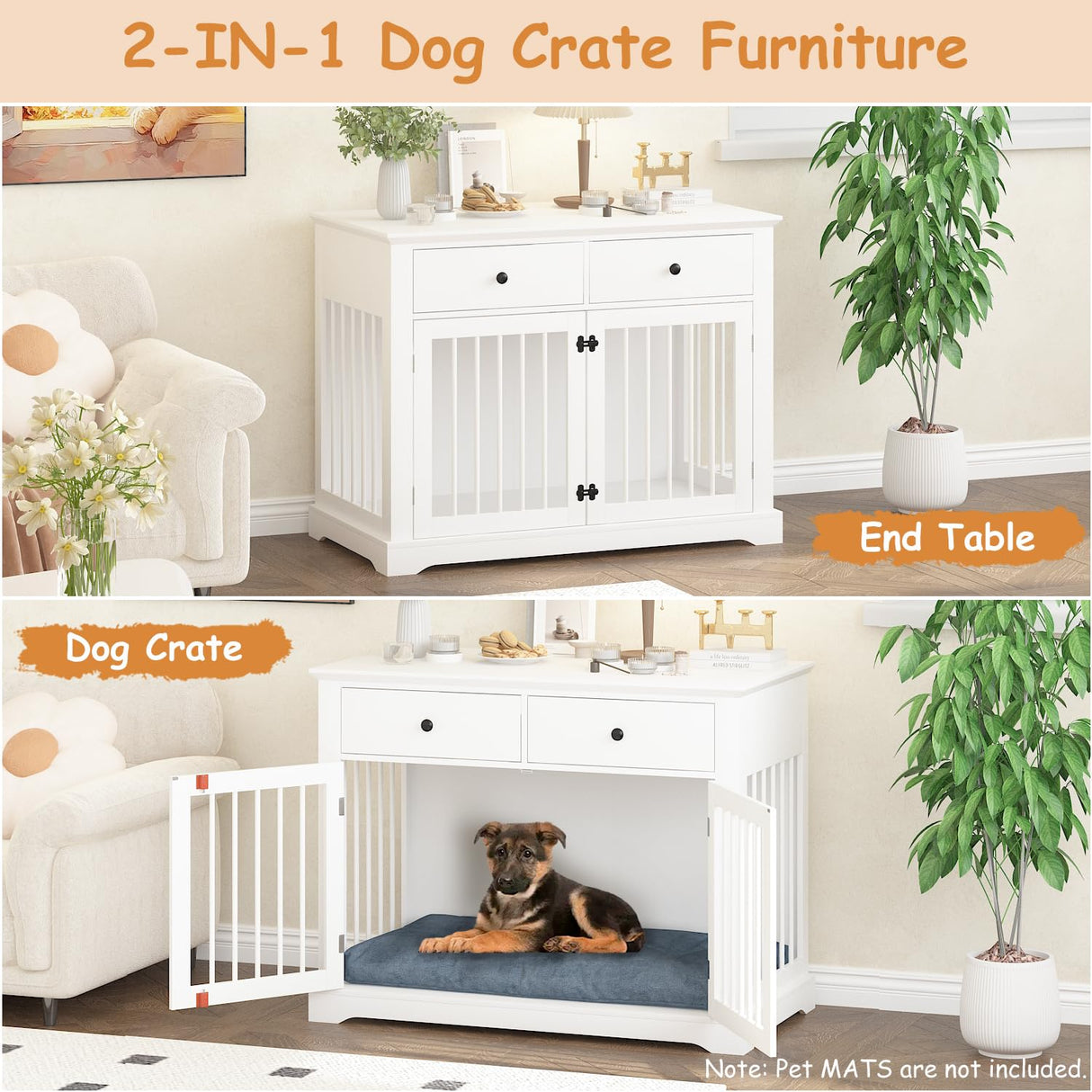 PRETZI Dog Crate Furniture, 44 Inch Wooden Dog Kennel Indoor with 2 Storage Drawers, Heavy Duty Large Crate Furniture, Decorative End Table Cage Furniture for Small/Medium/Large (White) PRETZI