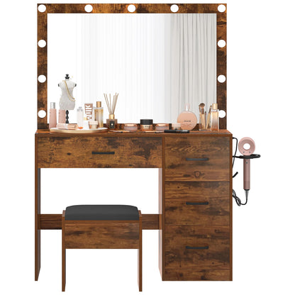 DWVO Makeup Vanity Desk with LED Lighted Mirror with 3 Color Lighting Modes, & Power Outlet, Vanity Table Set with 4 drawers, Power Outlet, Adjustable Brightness, Bedroom, Vintage Brown