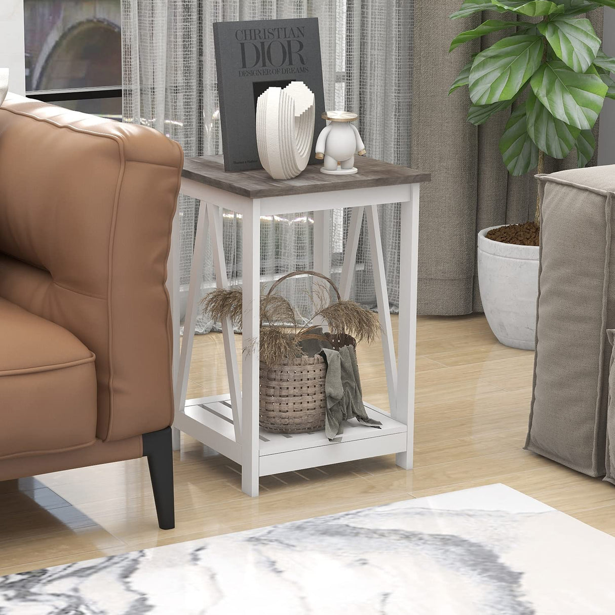 UYIHOME Farmhouse Square End Table, Accent Side Table with Slats Design, Sofa Side Nightstand Table with Sturdy Frame for Living Room Bedroom, Oak Grey UYIHOME