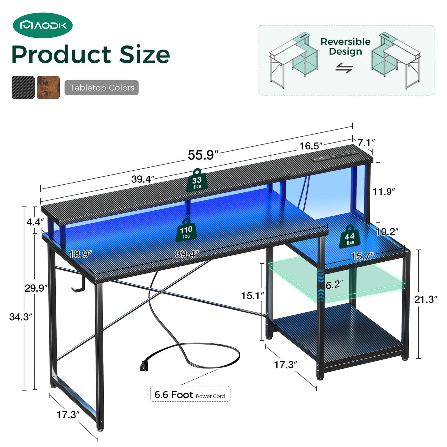 AODK Computer Desk, 56 Inch Gaming Desk with Led Lights & Power Outlet, Office Desk with Printer Storage Shelves, Reversible Desk with Monitor Shelf & Headphone Hook, Carbon Fiber Black