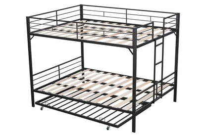 UOCFYK King Over King Bunk Bed with Trundle, Heavy-Duty Metal Bunkbed with Ladders & Full-Guardrail for Kids/Teen/Adults, Noise-Free Wood Slats, Space Saving, No Box Spring Needed, Black