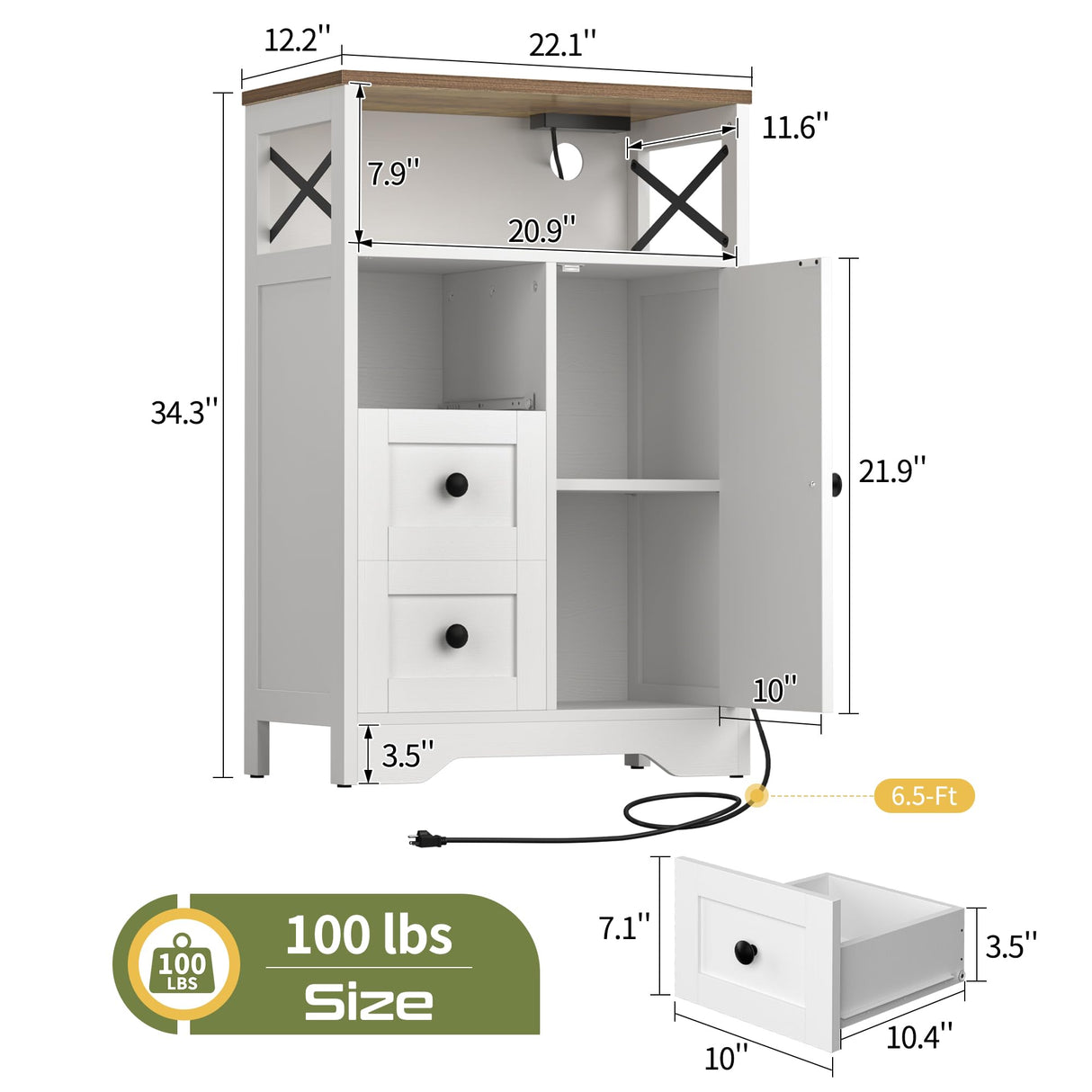Yoobure LED Storage Cabinet with Doors and Shelves, Farmhouse Coffee Bar Pantry Cabinet with Drawers and Power Outlet, Wood Sideboard for Entryway Bathroom Dining Room Living Room Bedroom, White Yoobure