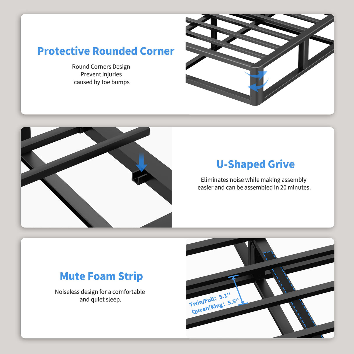 ROIL 10 Inch King Box Spring, Heavy Duty Metal Box Spring Mattress Foundation with Fabric Cover, 3500lbs Max Weight Capacity, Easy Assembly, Noise Free, Non-Slip ROIL