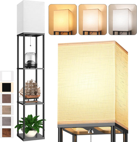 Floor Lamp with Shelves for Living Room, Shelf Floor Lamp with 3 CCT LED Bulb, Corner Display Standing Column Lamp Etagere Organizer Tower Nightstand with White Linen Shade for Bedroom, Office PARTPHONER