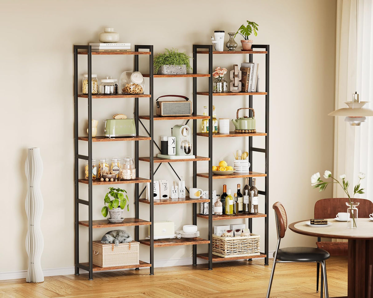 Casaottima Triple 6 Tier Bookshelf, Large Bookcase with 17 Open Display Shelves, Modern Industrial Book Shelves Book Case for Bedroom, Wide Standing Shelving Unit for Living Room Home Office, Vintage Casaottima