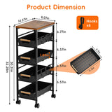 Landmok 5-Tier Slim Storage Cart, Wooden Top Rolling Kitchen Cart with Pull-Out Baskets & Wheels, Narrow Space Utility Cart Slide Out Organizer for Kitchen, Bathroom, Laundry Room, Black Landmok