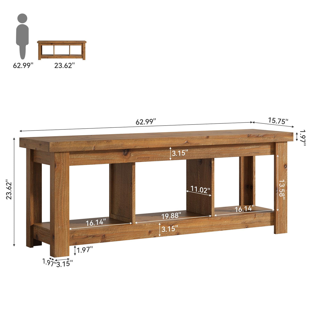 Tribesigns 63" Solid Wood TV Stand, Entertainment Center for 65 inch TVs, Farmhouse Style with 3 Open Storage Shelves, Rustic Brown Console for Living Room Bedroom, Fits 55 60 65 75 Inch Television Tribesigns