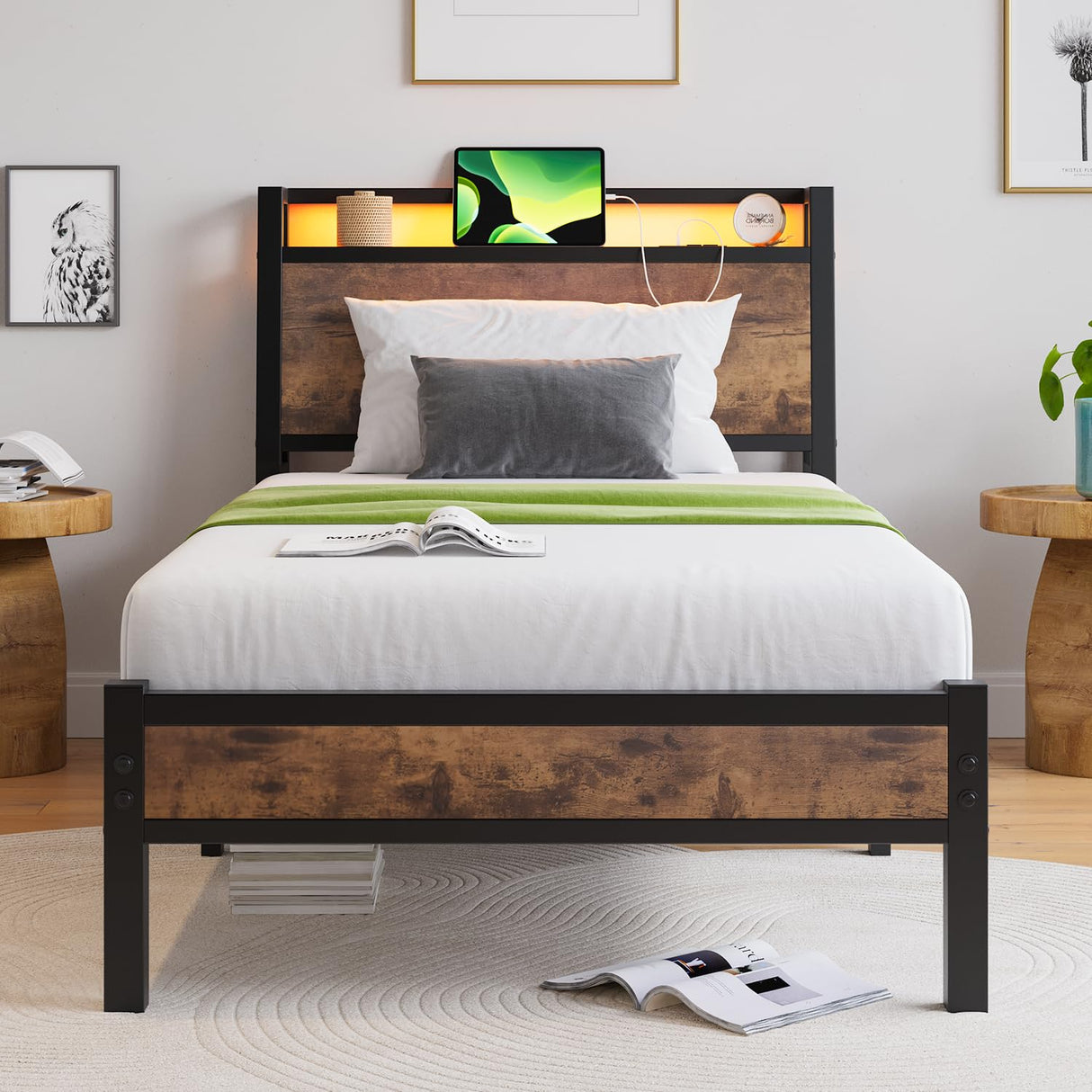 ZGEHCO Twin Bed Frames with Ergonomic Storage Headboard,Metal Platform Bed Frame with Charging Station,LED Bed Frame Twin Size No Box Spring Needed,Heavy Duty Steel Slats,Noise Free,Rustic Brown ZGEHCO