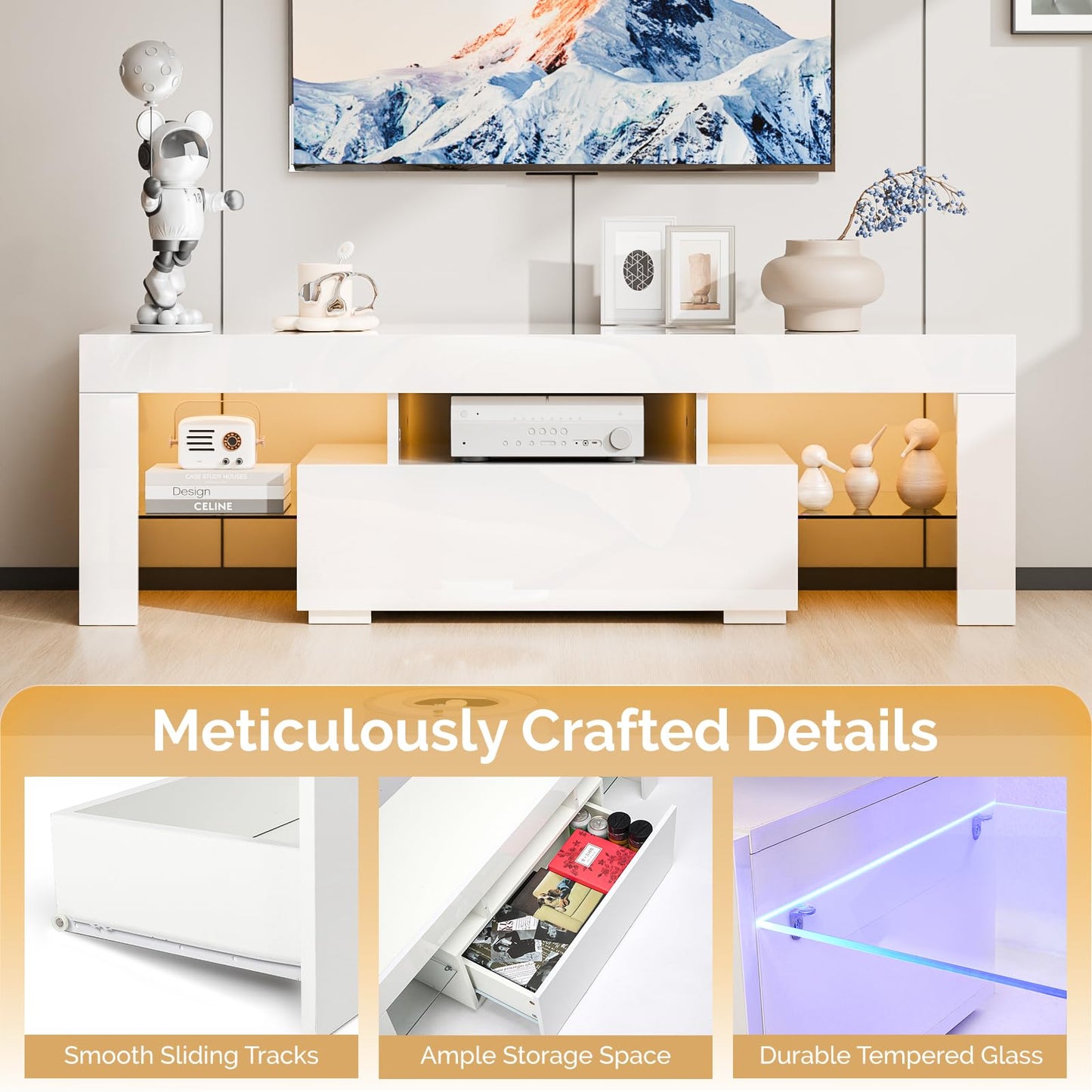 VINGLI LED TV Stand, 51'' High Glossy Modern Entertainment Center with LED Lights and Storage for 40/43/50/55 Inch TV (White, 51'' x 14'' x 18'') - WoodArtSupply