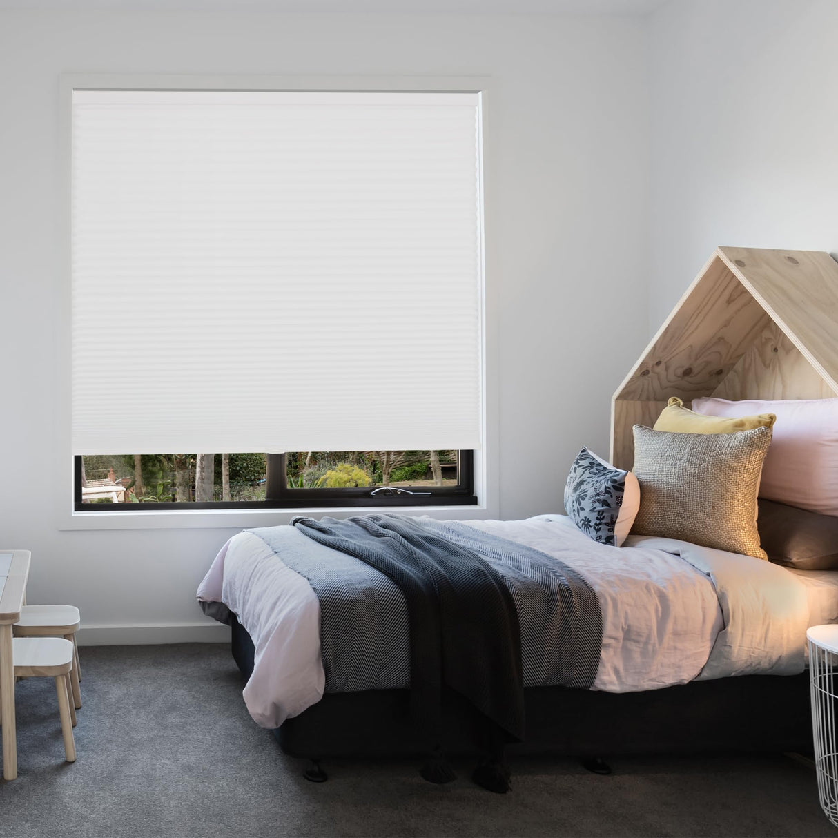 CALYX INTERIORS Blackout Cellular Honeycomb Shade, Cordless, 3/8" Single Cell, 34" W x 60" H, Blackout White Calyx Interiors